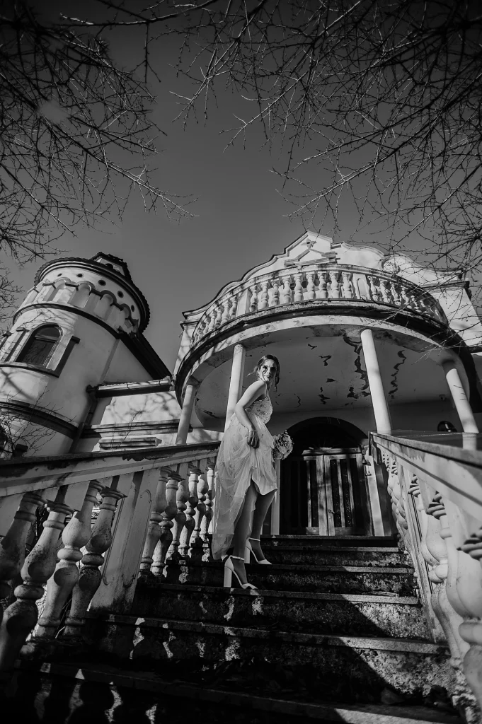 Bride entering Kahlenberg Castle in Vienna. The image captures the elegant moment as the bride approaches the historic castle for her wedding ceremony.