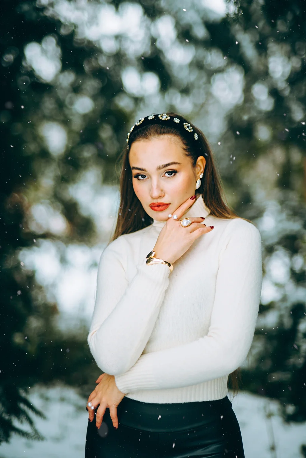 Famous model Miss of BiH posing in winter at Donauinsel (Danube Island) in Vienna. The image captures her stylish winter outfit against the scenic winter backdrop of the island.