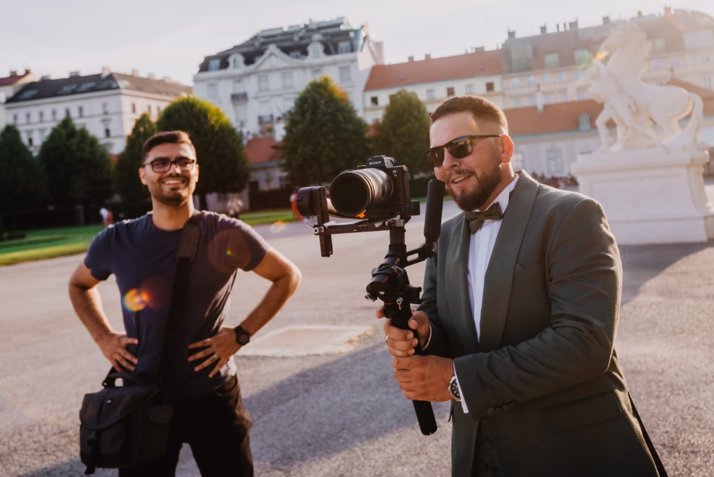 A groom playfully holding the photographer’s camera while the cameraman laughs, capturing a lighthearted and spontaneous moment during a luxury wedding.